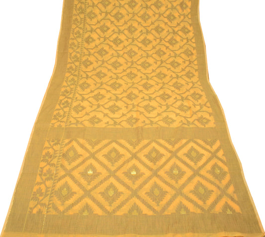 Sushila Vintage Dhakai Jamdani Saree Art Cotton Silk Yellow Woven Sari Fabric