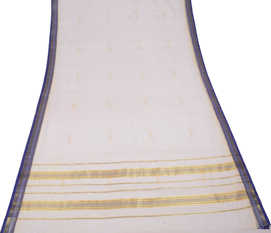 Sushila Vintage Kerala Kasavu Saree Art Cotton blue Zari Woven 7Yard Sari Fabric