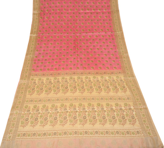 Sushila Vintage Pink & Gold Saree Floral Woven Pure Tussar Silk Sari Craft Fabric