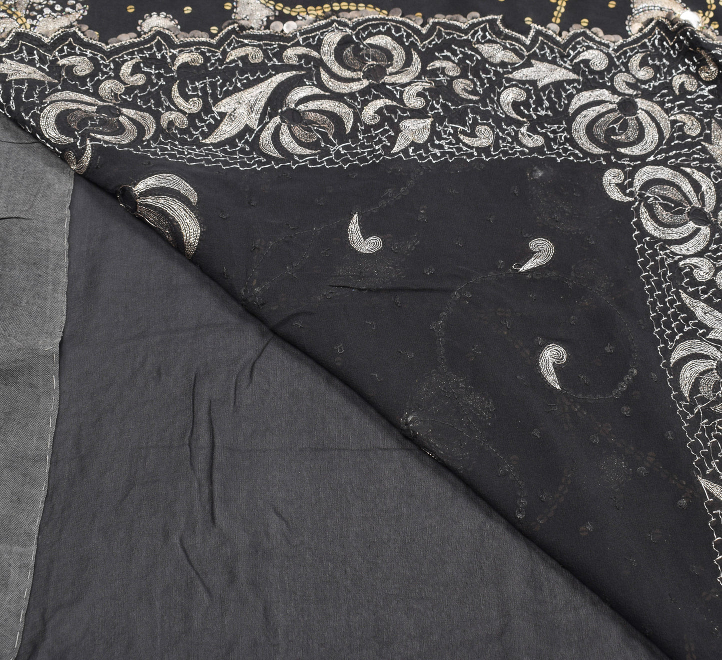 Sushila Vintage HEAVY Black Saree Sequins Zari Embellish Pure Georgette Sari Fabric