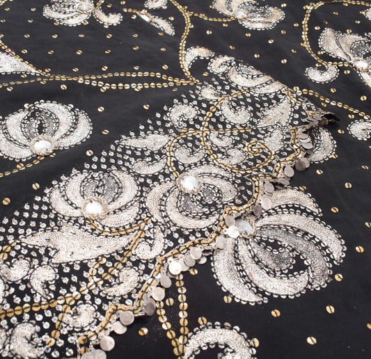 Sushila Vintage HEAVY Black Saree Sequins Zari Embellish Pure Georgette Sari Fabric