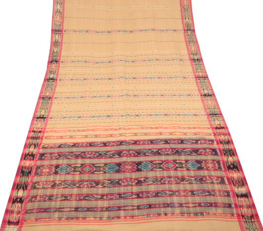 Sushila Vintage Odisha Sambhalpuri Saree Pue Cotton Brown Ikat Sari Fabric
