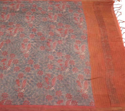 Sushila Vintage Rose Mauve Saree Pure Cotton Silk Handmade Kalamkari Sari Fabric