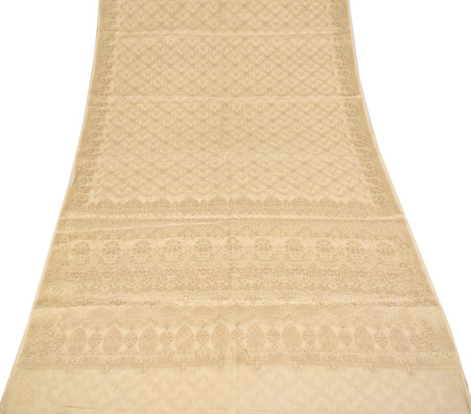 Sushila Vintage Beige Saree All Over Woven Pure Tussar Silk Sari Craft Fabric