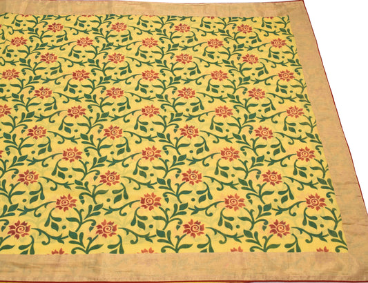 Sushila Vintage Floral Yellow Saree Pure Cotton Silk Printed 6YD Sari Fabric