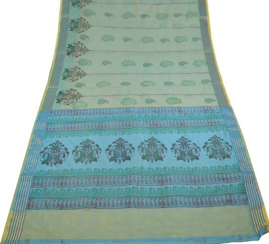 Sushila Vintage Blue Yellow Saree Art Silk Hand Block Sari Craft Fabric