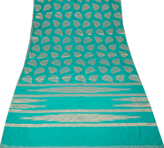Sushila Vintage Sea Blue Green Saree Pure Tussar Leaf Woven Sari Soft Fabric
