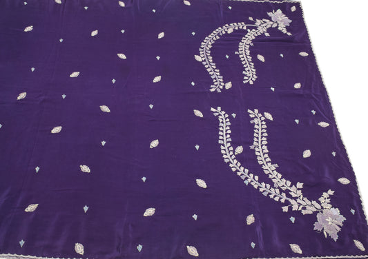 Sushila Vintage Purple Zardozi Work Saree HEAVY Pure Crepe Silk Soft Sari Craft Fabric