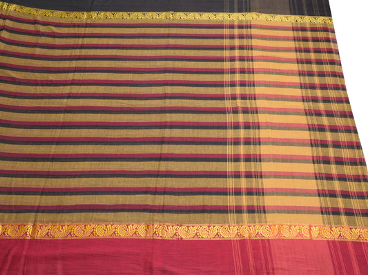 Sushila Vintage Pure Cotton Saree Stripes Woven Multi-Color Soft Sari Craft Fabric
