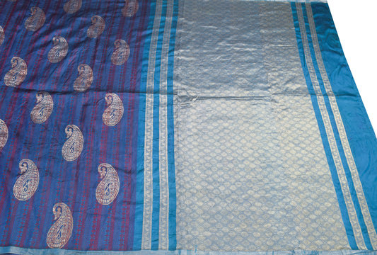 Sushila Vintage Turquoise Blue Saree Pire Silk Woven Soft Sari Craft Fabric