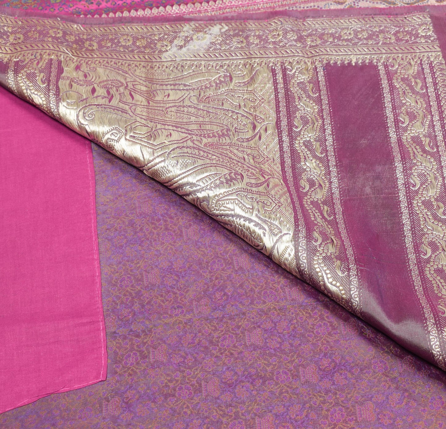 Sushila Vintage Banarasi Brocade Magenta Saree Pure Satin Silk HEAVY Sari Fabric