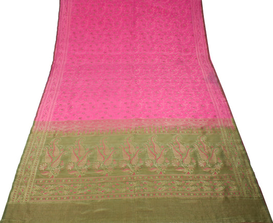 Sushila Vintage Pure Banarasi Silk Saree Floral Zari Brocade Magenta Sari Fabric