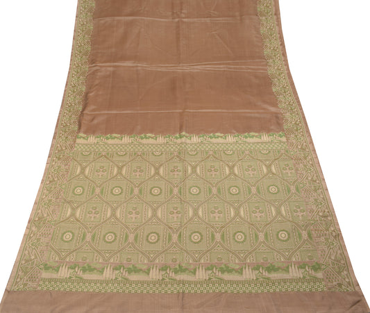 Sushila Vintage Banarasi Woven Saree Pure Silk Brown Sari Craft Fabric