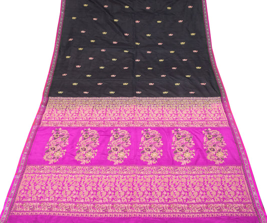 Sushila Vintage Pure Banarasi Silk Saree Black Fuchsia Handloom Floral Sari Soft Fabric