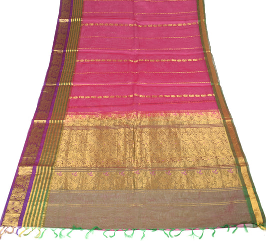 Sushila Vintage Pink Kanchipuram Saree Pure Silk Zari Brocade Sari Fabric