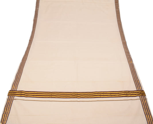 Sushila Vintage Kerala Kasavu Pure Cotton Saree Gold Zari Brocade Beige Sari 6YD Fabric