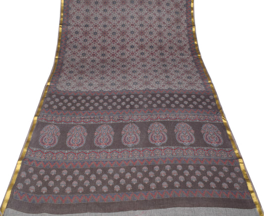 Sushila Vintage Ajrakh Block Print Saree Gray Pure Cotton Printed Soft Craft Fabric
