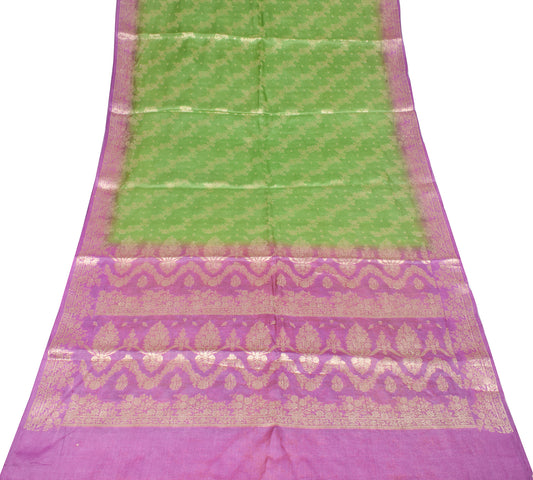 Sushila Vintage Green Saree Zari Woven Pure Tussar Silk Sari Craft Fabric