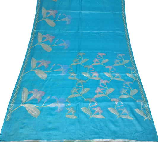 Sushila Vintage Turquoise Blue Saree Pure Tussar Silk Woven Floral 5YD Sari Fabric