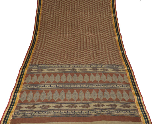 Sushila Vintage Brown Block Print Saree Woven Border Pure Cotton Sari Fabric