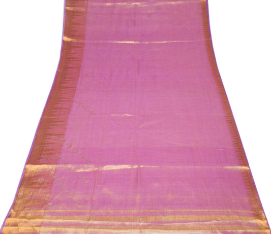 Sushila Vintage Gold Metallic Art Tissue Saree Purple Woven 6YD Sari Craft Fabric