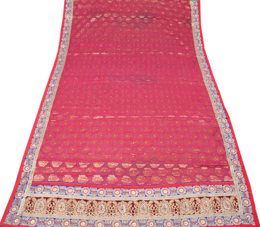 Sushila Vintage Heavy Magenta Saree Pure Georgette Woven Embroidered Sari Craft Fabric