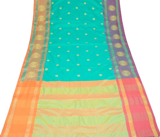 Sushila Vintage Aqua Green Saree Woven Embroidered Art Silk 6YD Sari Craft Fabric