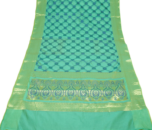 Sushila Vintage Green Floral Saree Art Cotton Silk Woven Floral 6YD Sari Blouse Fabric