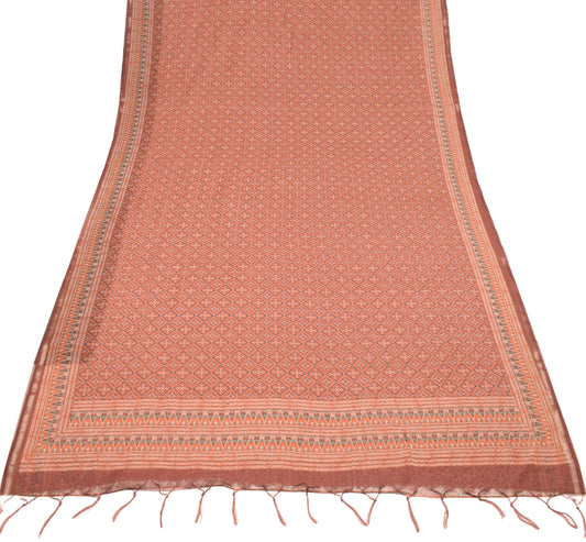 Sushila Vintage Brown Saree Geometric Ikat-Type Printed Art Cotton Silk Sari Craft Fabric