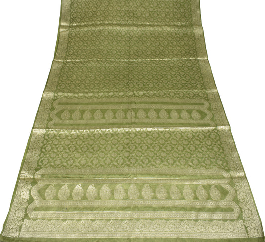 Sushila Vintage Zari Woven Green Saree Pure Tussar Silk Floral Sari Craft Fabric