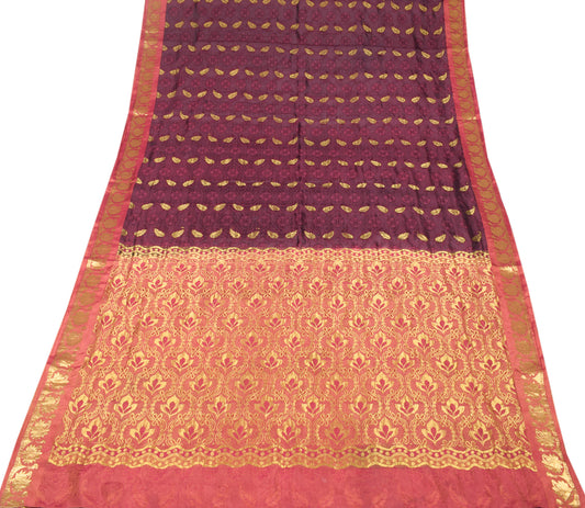 Sushila Vintage Pure Kanjivaram Silk Saree Woven Gold Zari Wine Sari Fabric