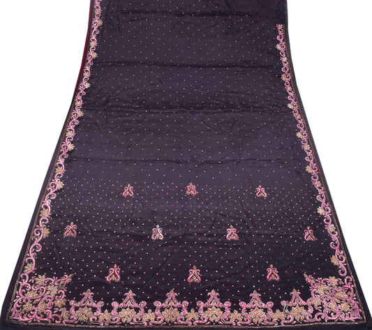 Sushila Vintage Black HEAVY Saree Pure Crepe Zari Sequins Embellish Sari Craft Fabric