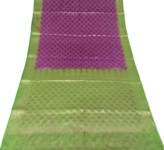 Sushila Vintage Purple Green Saree Floral Zari Woven Pure Tussar Silk Sari Craft Fabric