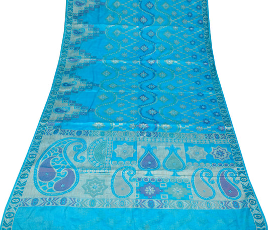 Sushila Vintage Turquoise Blue Saree Woven Mirror Work Pure Tussar Sari Craft Fabric