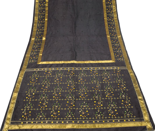 Sushila Vintage Pure Silk Black Saree Sequins Rhine Stone Beaded Sari Craft Fabric