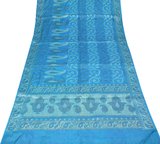 Sushila Vintage Sky Blue Saree Woven Pure Tussar Silk Paisley 6YD Sari Craft Fabric