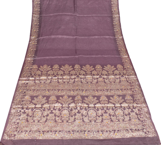 Sushila Vintage Mauve Saree Woven Sequins Work Pure Tussar Silk Sari Craft Fabric
