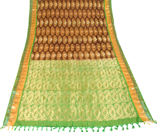 Sushila Vintage Brown HEAVY Saree Pure Silk Woven Gold Brocade Sari Craft Fabric