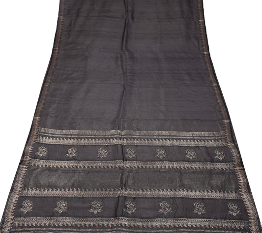 Sushila Vintage Black Classy Saree Pure Silk Zari Brocade Sari Craft Fabric