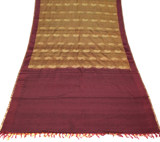 Sushila Vintage Green Saree Maroon Border Pallu Pure Silk Hand Woven Soft Sari Craft Fabric