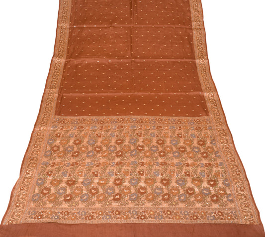 Sushila Vintage Rust Tussar Silk Saree Woven & Mirror Work Sari Craft Fabric