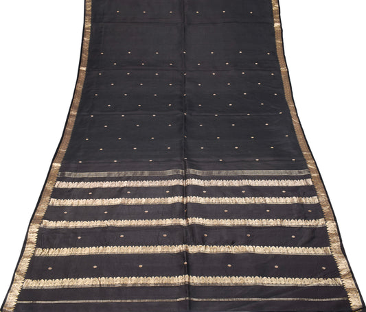 Sushila Vintage Black Banarasi Handloom Saree Pure Silk Gold Zari Sari Craft Fabric