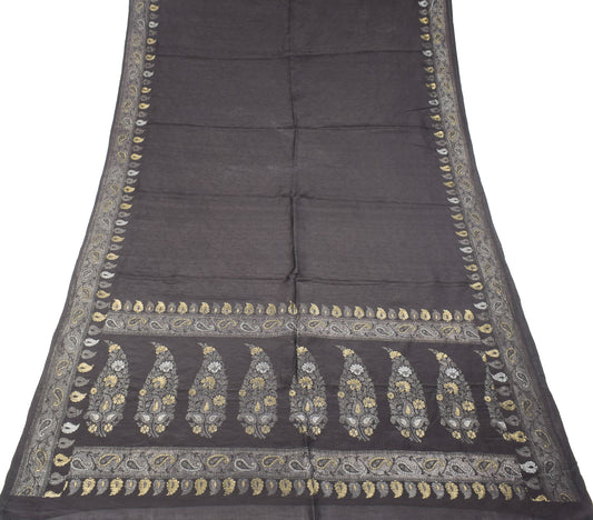 Sushila Vintage Black Saree Self & Zari Woven Pure Silk Soft Sari Craft Fabric