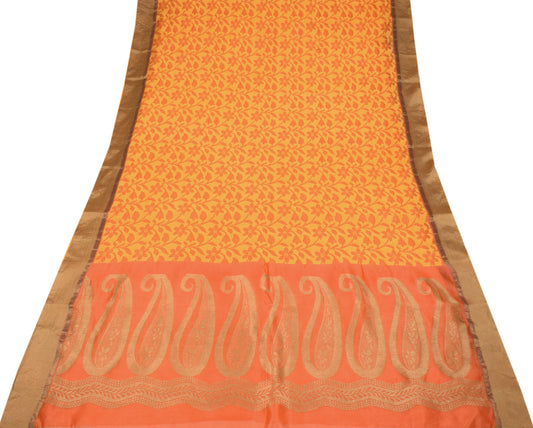 Sushila Vintage Orange Saree Woven Floral Pure Cotton Silk Sari Craft Fabric