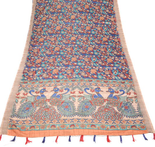 Sushila Vintage Hand Printed Kalamkari Saree Blue art Silk Sari Soft Craft Fabric