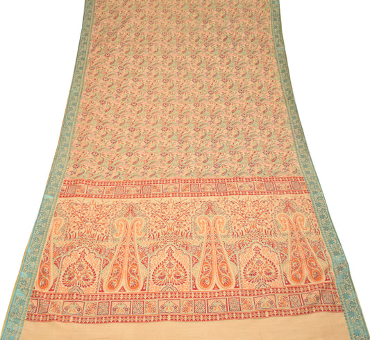 Sushila Vintage Paisley Printed Saree Woven Border Art Cotton Silk Beige Sari Fabric
