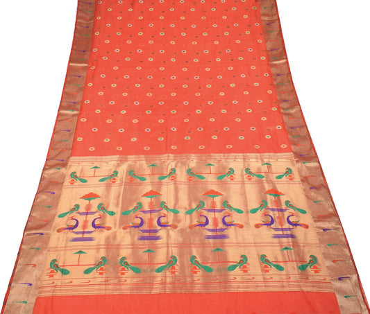 Sushila Vintage Paithani Woven Saree Art Silk Red Wedding Sari Craft Fabric