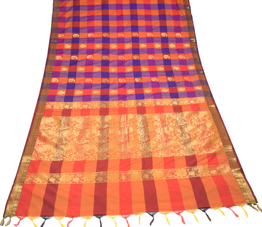 Sushila Vintage Multi-Color Kanchipuram Saree Art Cotton Silk Woven Sari Craft Fabric