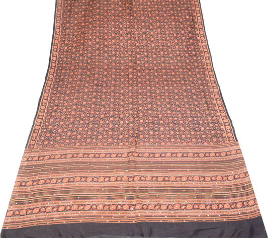 Sushila Vintage Floral Black Saree Mirror Embroidered Pure Silk Sari Craft Fabric