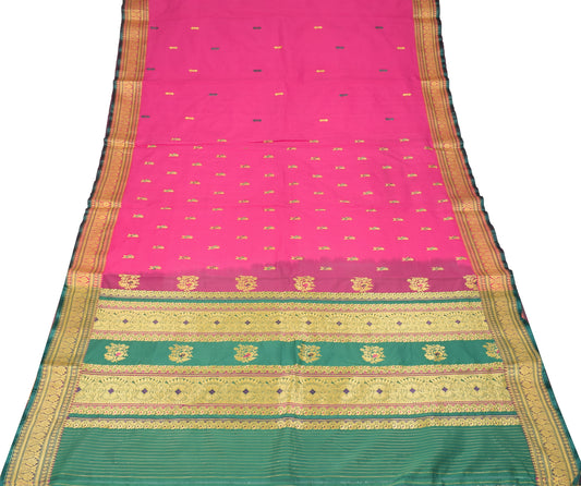 Sushila Vintage Pink & Green Saree Art Silk Floral Woven Sari Soft Craft Fabric